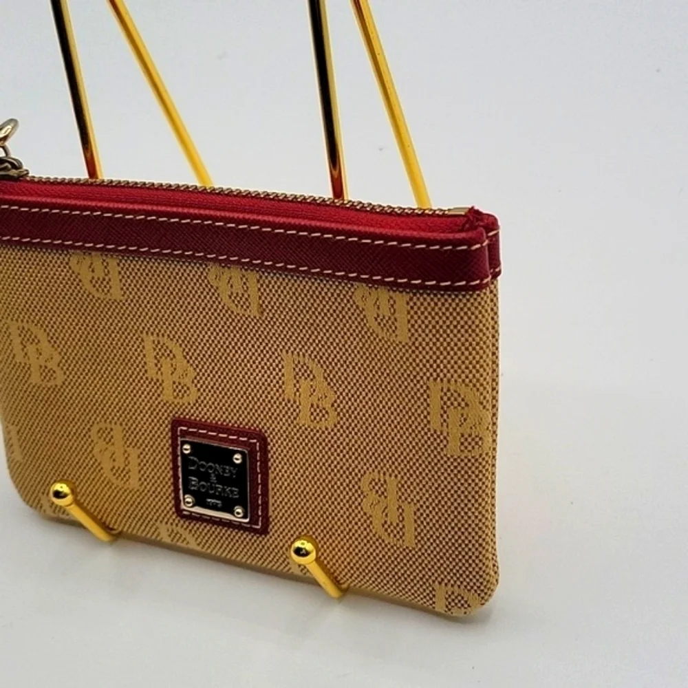 DOONEY & BOURKE Wristlet Tan Canvas DB Logo Red Leather Key Chain inside